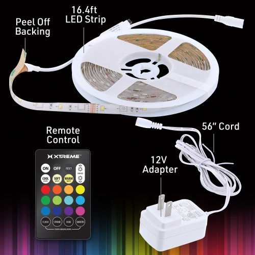 16.4ft Color-Changing Indoor LED Light Strip, New RGBW, 12V Adapter