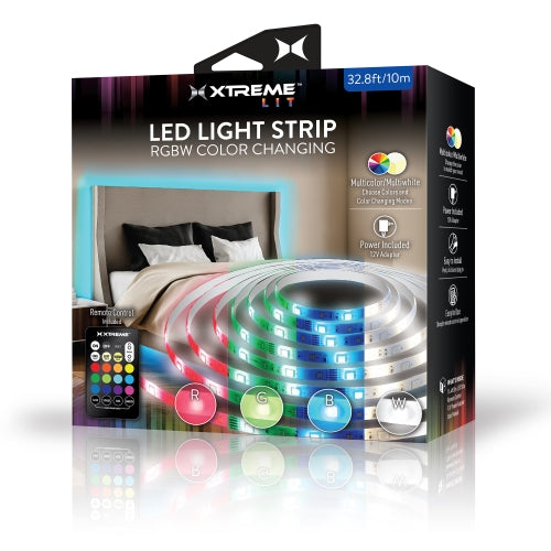 32.8ft RGBW Color-Changing Indoor LED Light Strip, Remote Control
