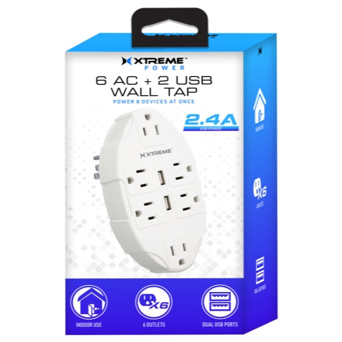 6 Outlet Wall Tap with Dual 2.4A USB Ports, Multi-Plug Adapter, Grounded 3-Prong Power Extender for Home and Office