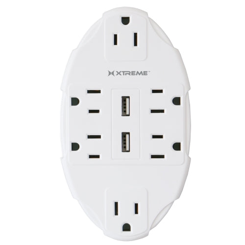 6 Outlet Wall Tap with Dual 2.4A USB Ports, Multi-Plug Adapter, Grounded 3-Prong Power Extender for Home and Office