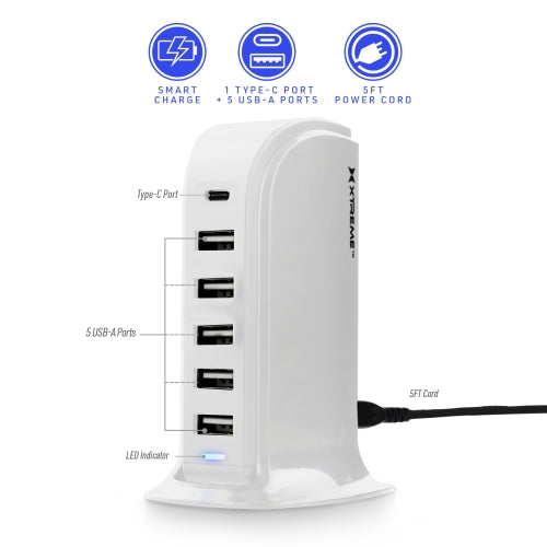 Multi-Port 6 USB Desktop Charging Tower with Type-C Port, Smart Fast-Charging Station, All-in-One Power Hub for Multiple Devices