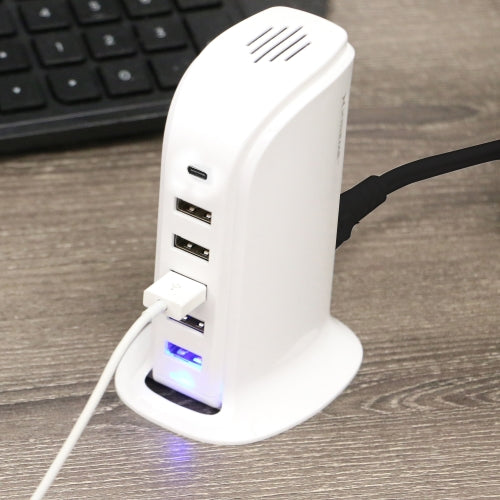 Multi-Port 6 USB Desktop Charging Tower with Type-C Port, Smart Fast-Charging Station, All-in-One Power Hub for Multiple Devices