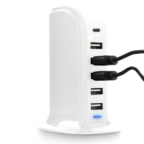 Multi-Port 6 USB Desktop Charging Tower with Type-C Port, Smart Fast-Charging Station, All-in-One Power Hub for Multiple Devices