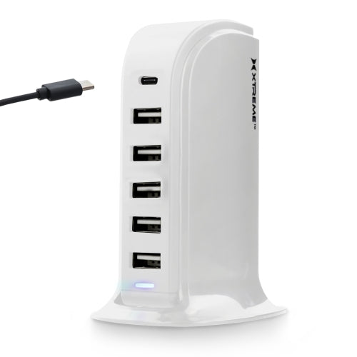 Multi-Port 6 USB Desktop Charging Tower with Type-C Port, Smart Fast-Charging Station, All-in-One Power Hub for Multiple Devices
