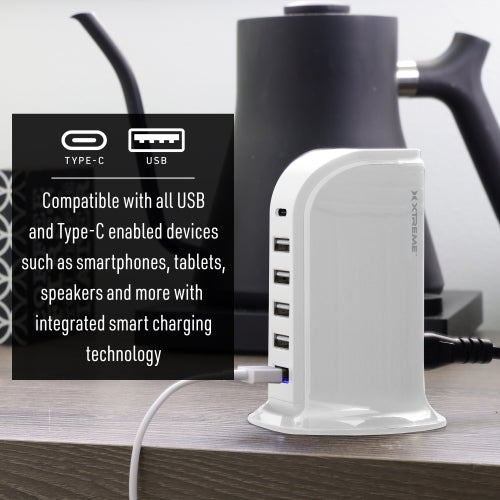 Multi-Port 6 USB Desktop Charging Tower with Type-C Port, Smart Fast-Charging Station, All-in-One Power Hub for Multiple Devices