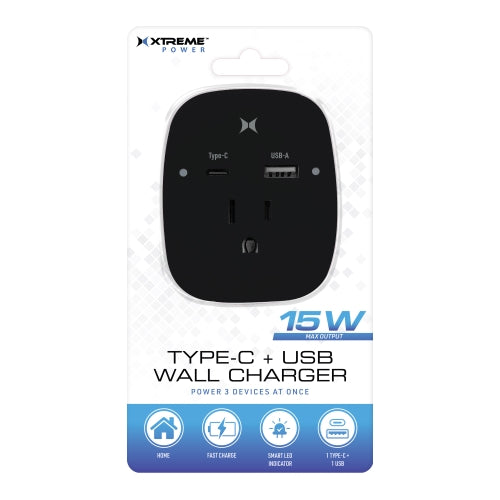 15W 3-in-1 Wall Charger with USB-C, USB-A, and AC Outlet, Built-in Phone Holder, Fast Charging Power Adapter for Multiple Devices