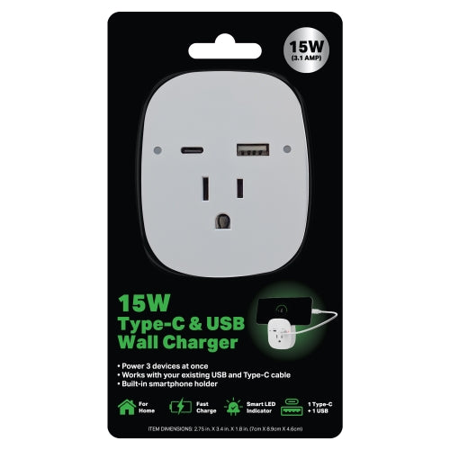 15W USB-C and USB-A Wall Charger with Built-in Smartphone Holder, Power Three Devices at Once, Fast Charging Power Adapter