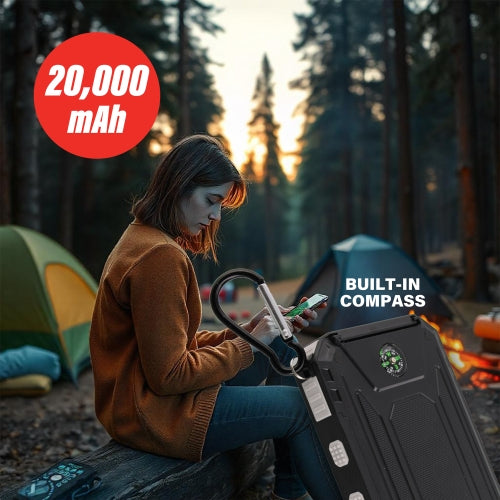 Pro Series 20,000mAh Solar Power Bank – PD Fast Charging Portable Charger with USB-C & USB-A, IP45 Water-Resistant, LED Flashlight & Compass