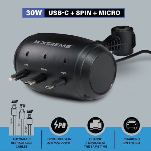 Headrest Charging Station, 30W Retractable 3-in-1 Car Charger for Backseat, USB-C, 8-Pin & Micro-USB