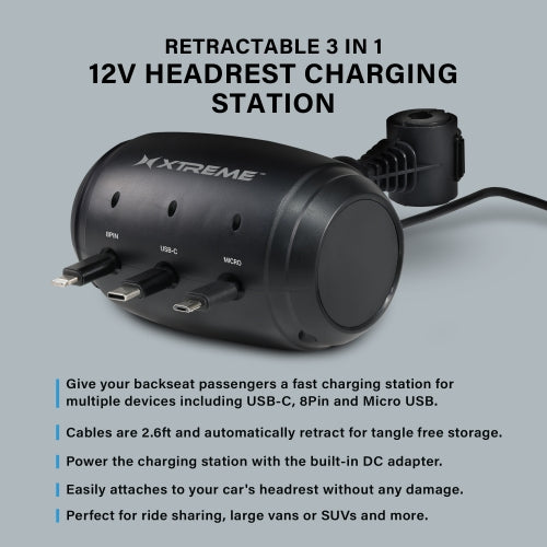 Headrest Charging Station, 30W Retractable 3-in-1 Car Charger for Backseat, USB-C, 8-Pin & Micro-USB
