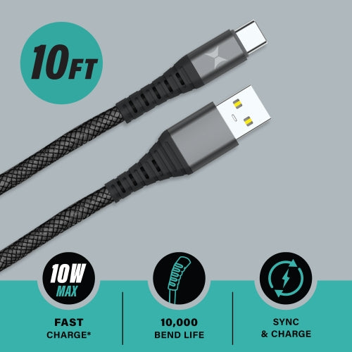 Ultra-Durable 10FT Type-C to USB-A Charging Cable with Kevlar Ballistic Fiber, 10W Fast Charge