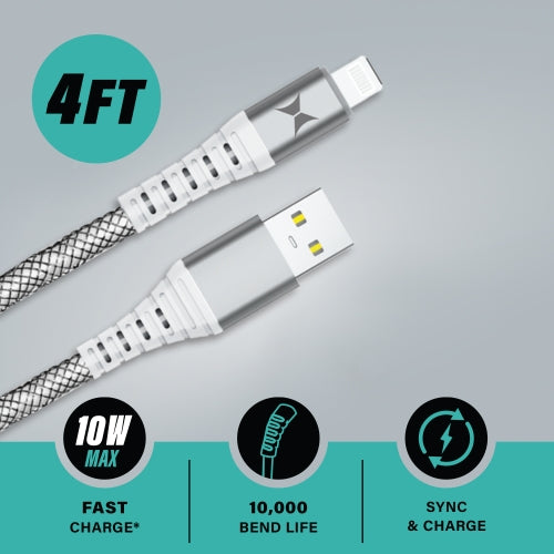 Ultra-Durable 4FT Lightning to USB-A Charging Cable with Kevlar Ballistic Fiber, 10W Fast Charge