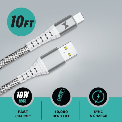 Ultra-Durable 10FT Lightning to USB-A Charging Cable with Kevlar Ballistic Fiber, 10W Fast Charge