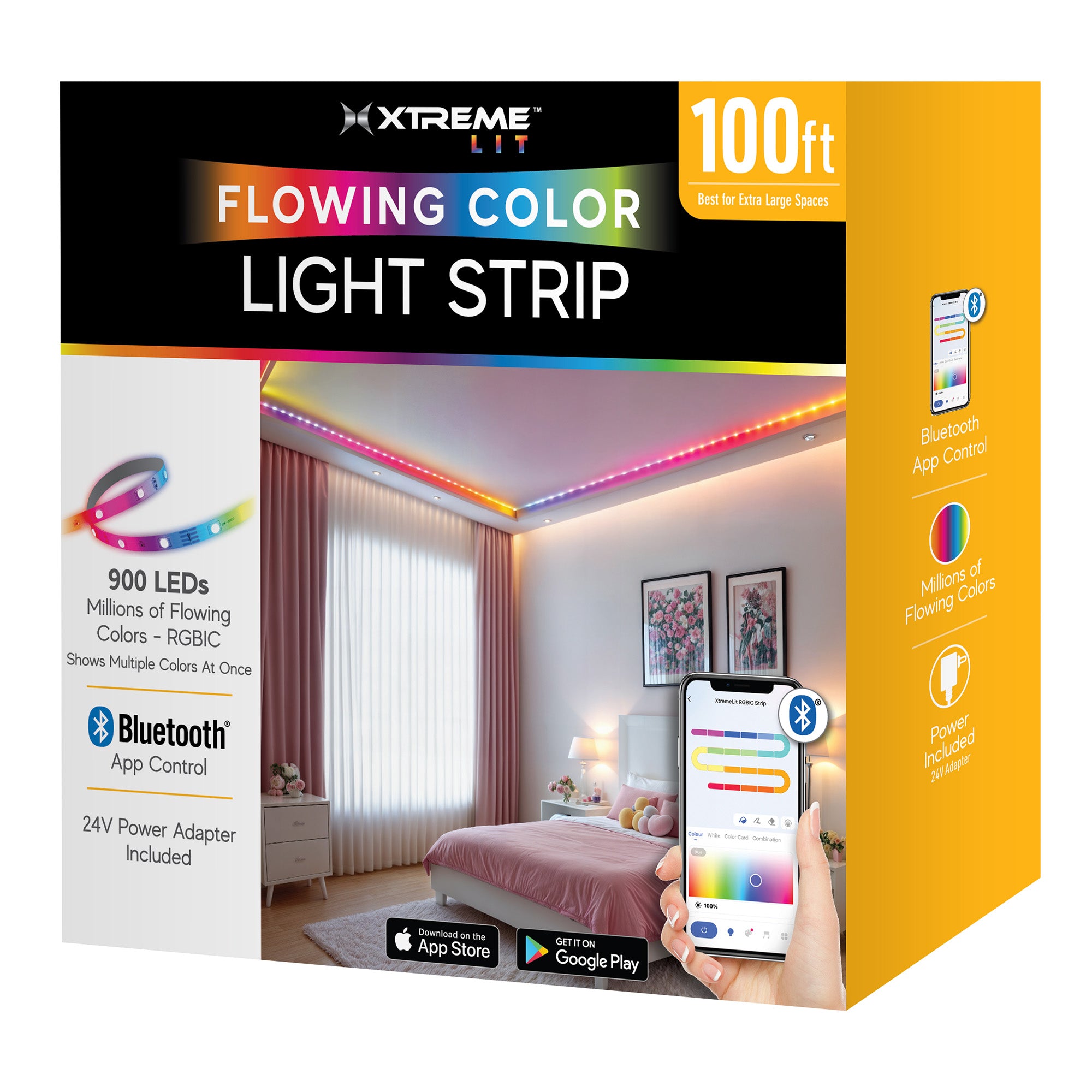 100ft Indoor LED Light Strips, Multiple Color Effects, Bluetooth Mobile App Control