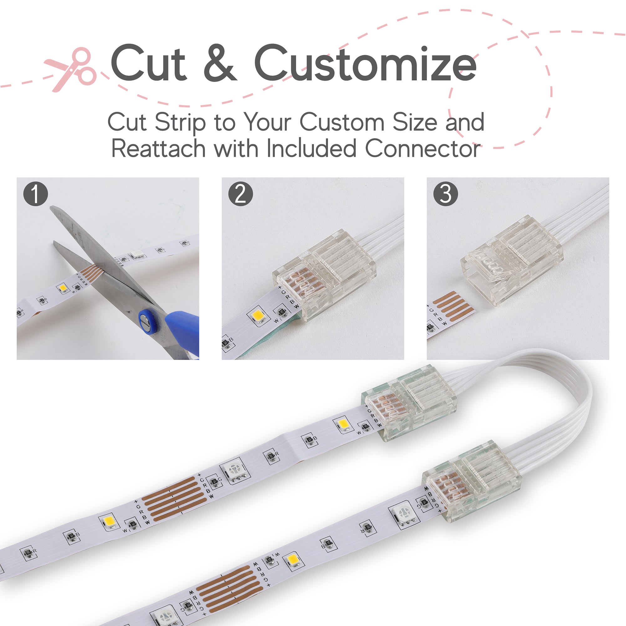 25ft Cut & Customize Indoor LED Light Strip Kit, Includes 2 Connectors, 225 LEDs, 4 Modes, 5V Adapter