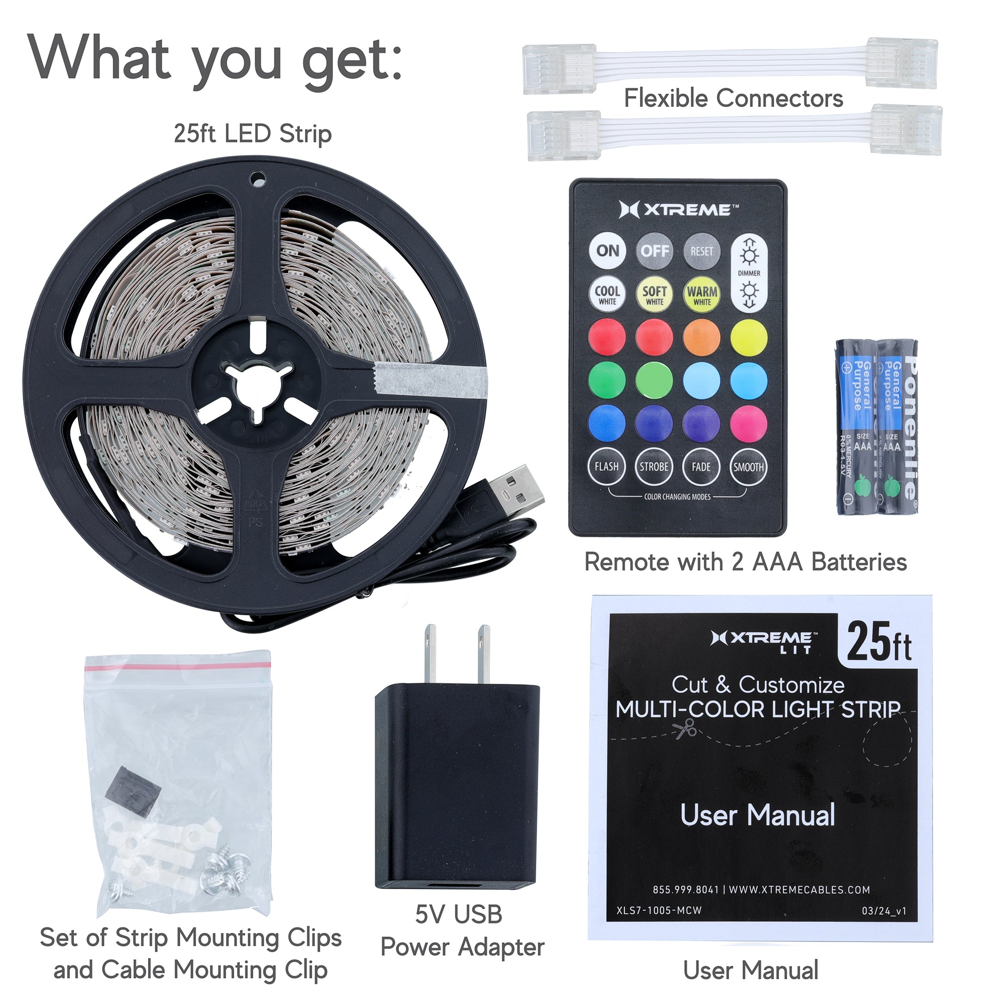 25ft Cut & Customize Indoor LED Light Strip Kit, Includes 2 Connectors, 225 LEDs, 4 Modes, 5V Adapter