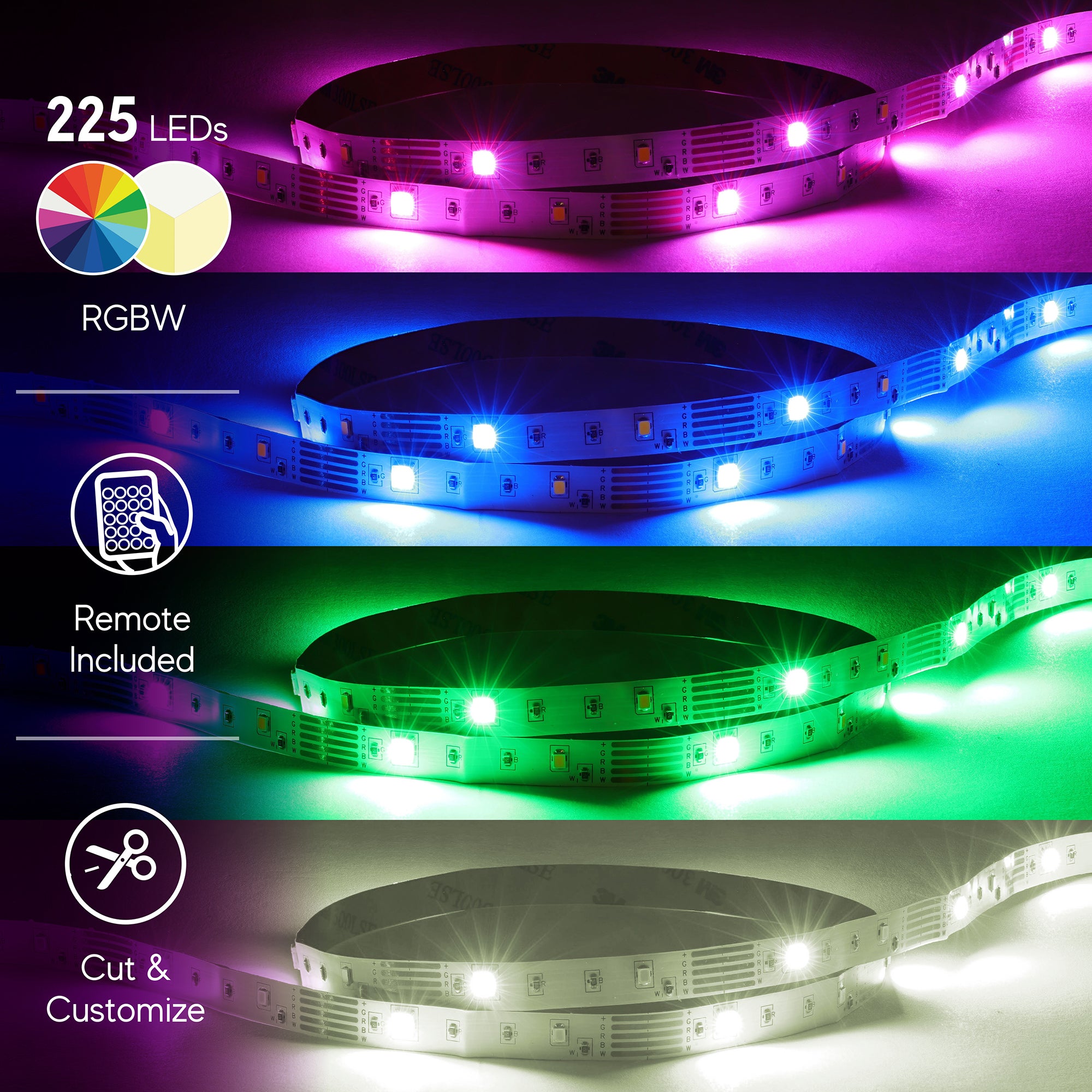 25ft Cut & Customize Indoor LED Light Strip Kit, Includes 2 Connectors, 225 LEDs, 4 Modes, 5V Adapter