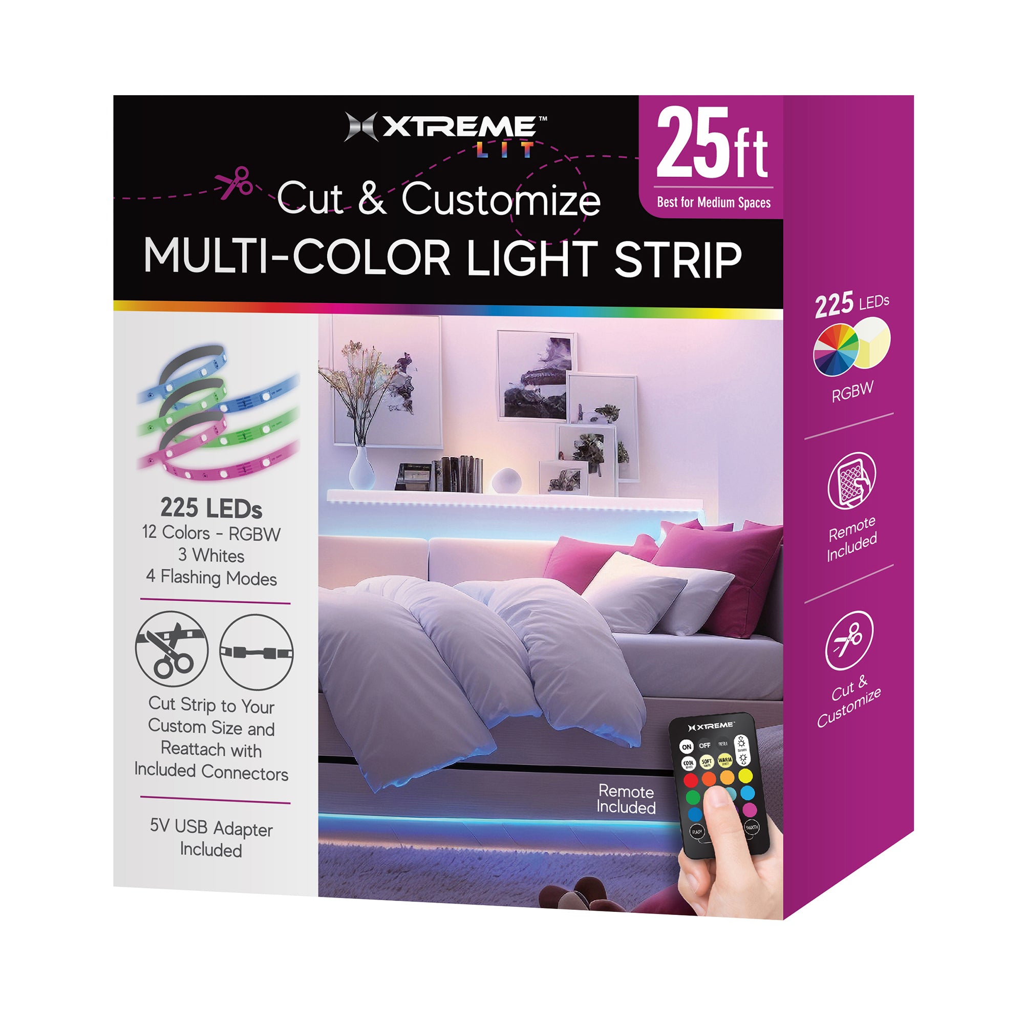 25ft Cut & Customize Indoor LED Light Strip Kit, Includes 2 Connectors, 225 LEDs, 4 Modes, 5V Adapter