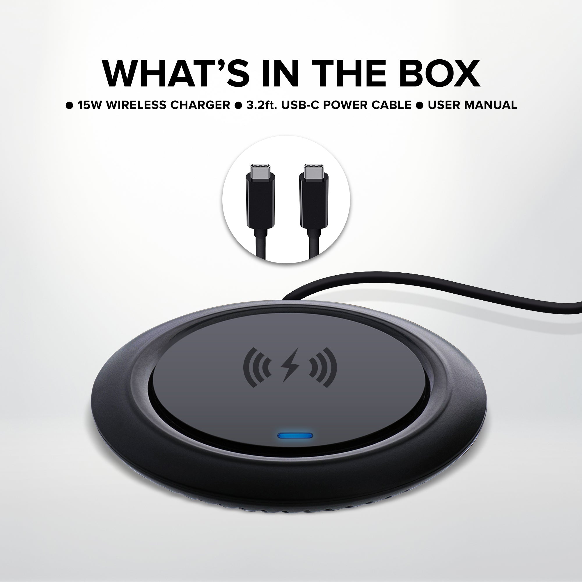 15W Qi Wireless Charging Pad for Desktop, High-Efficiency Fast Charger with LED Indicator and 3ft Power Cable, Case-Friendly