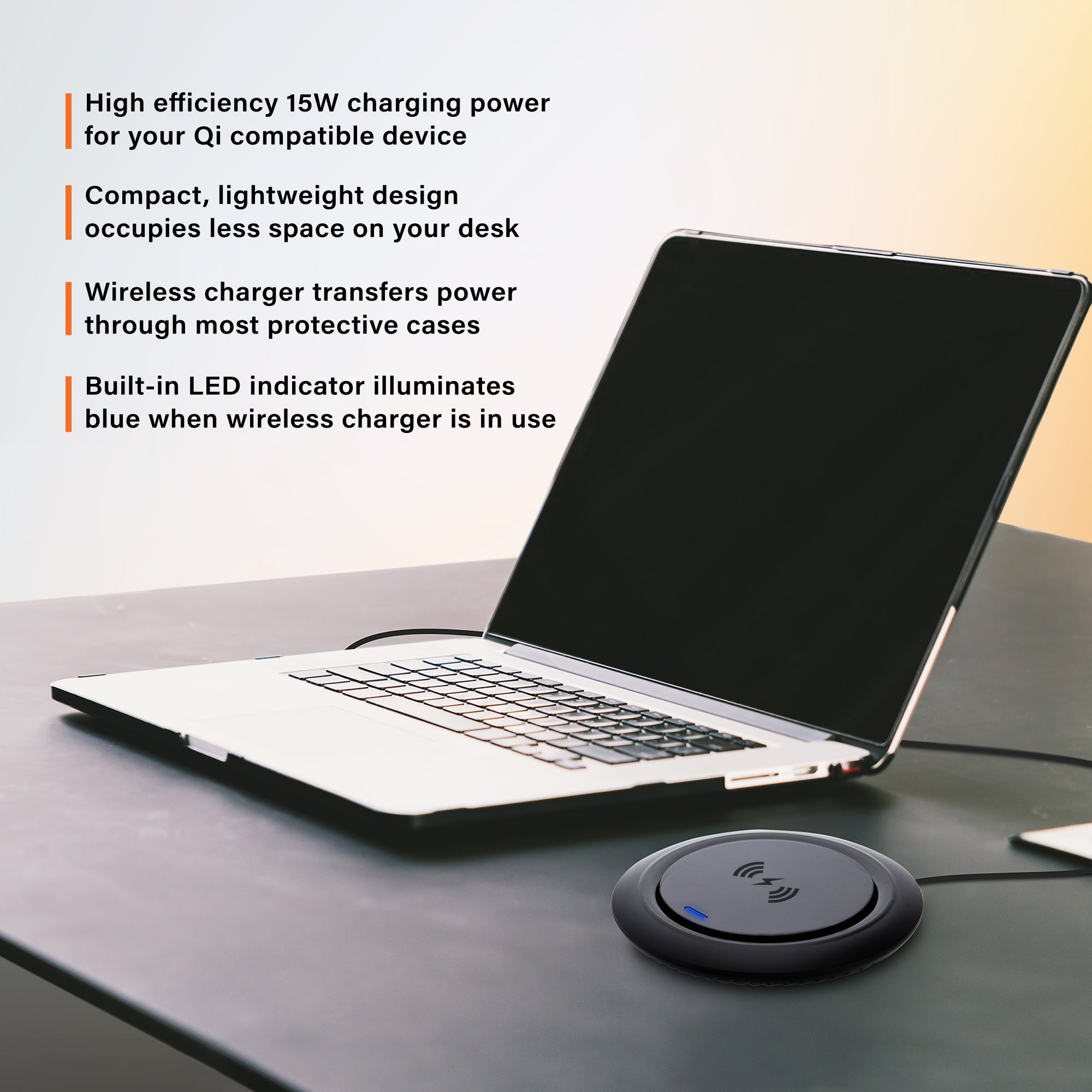 15W Qi Wireless Charging Pad for Desktop, High-Efficiency Fast Charger with LED Indicator and 3ft Power Cable, Case-Friendly