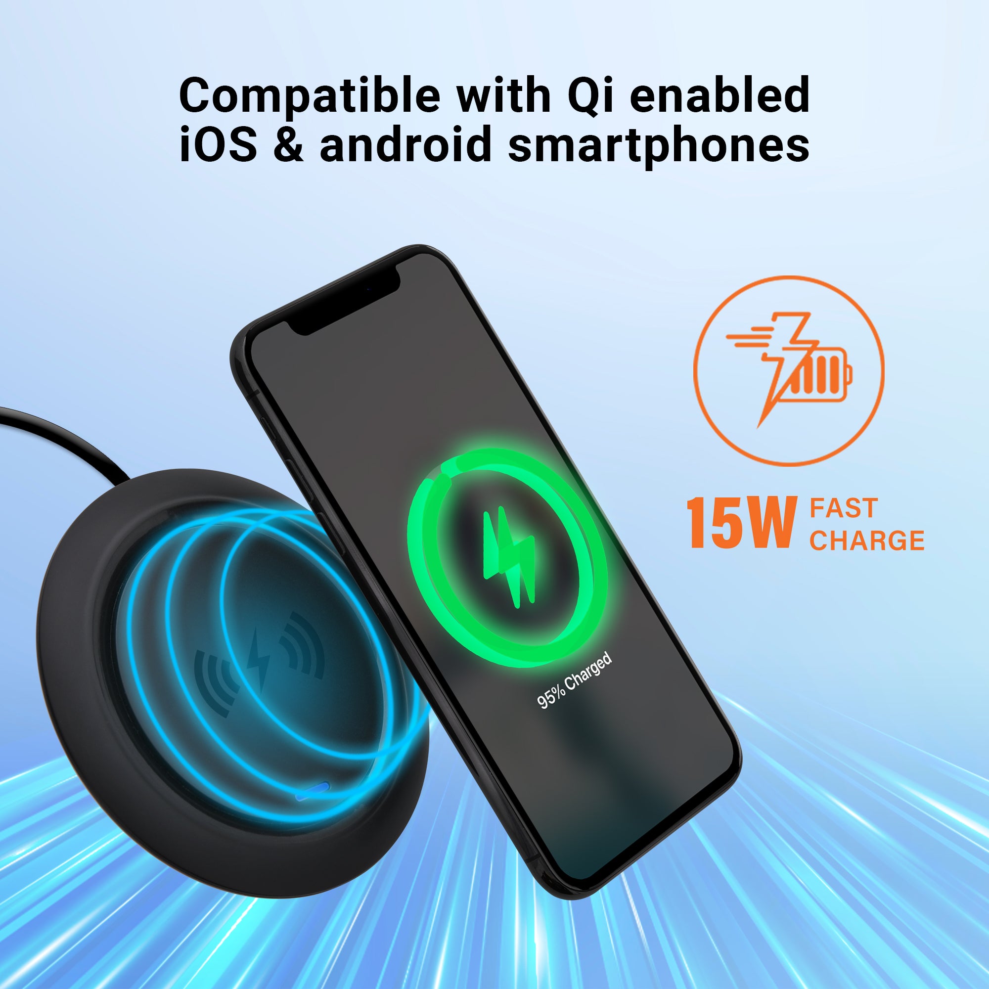 15W Qi Wireless Charging Pad for Desktop, High-Efficiency Fast Charger with LED Indicator and 3ft Power Cable, Case-Friendly