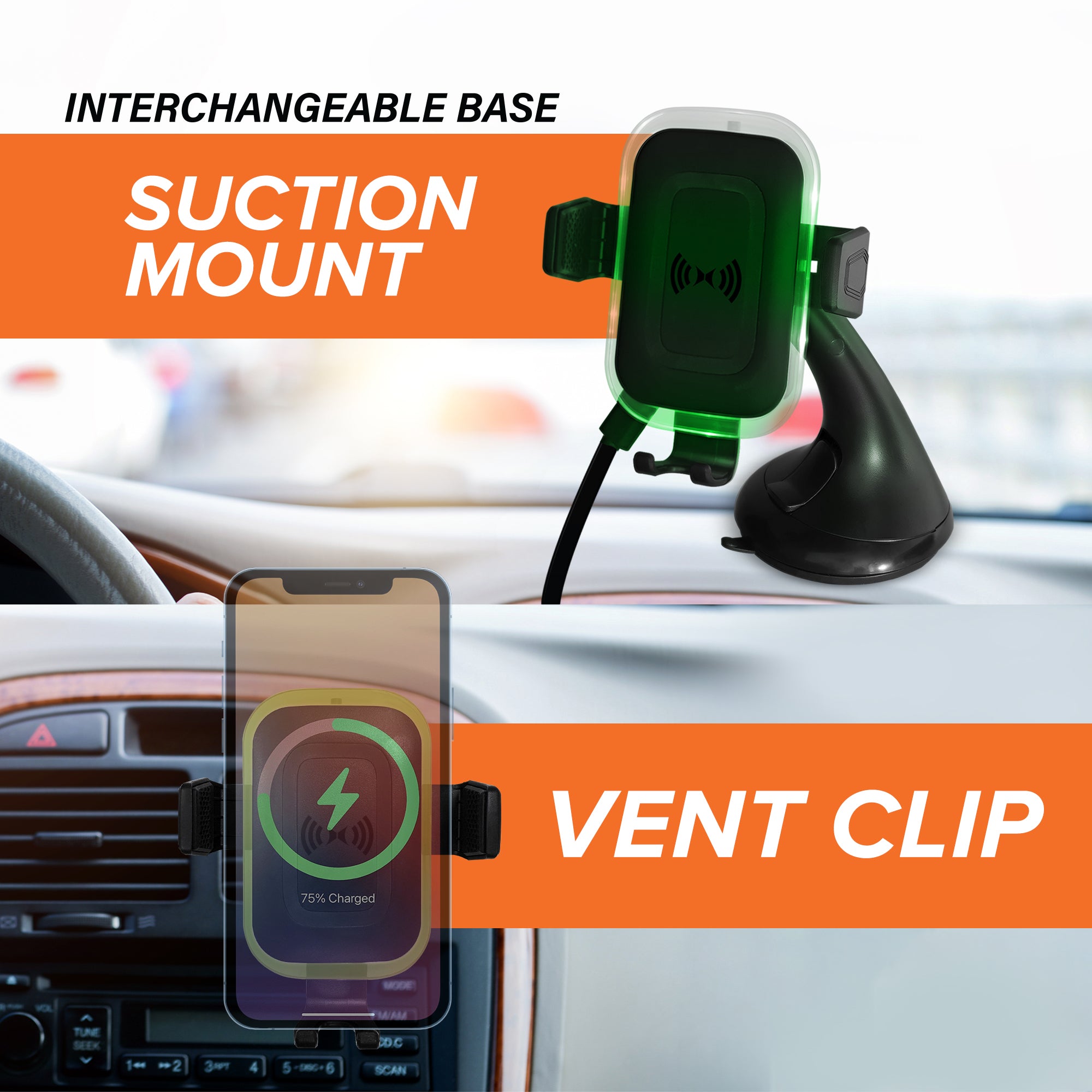 15W 2-in-1 Wireless Car Charger with Smart Sensor, Dashboard & Air Vent Mount Phone Holder