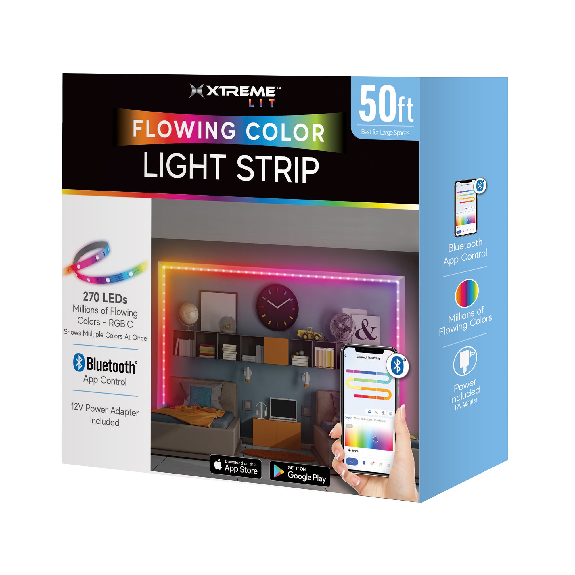 50ft Bluetooth LED Light Strips, Flowing Color Effect, App Use
