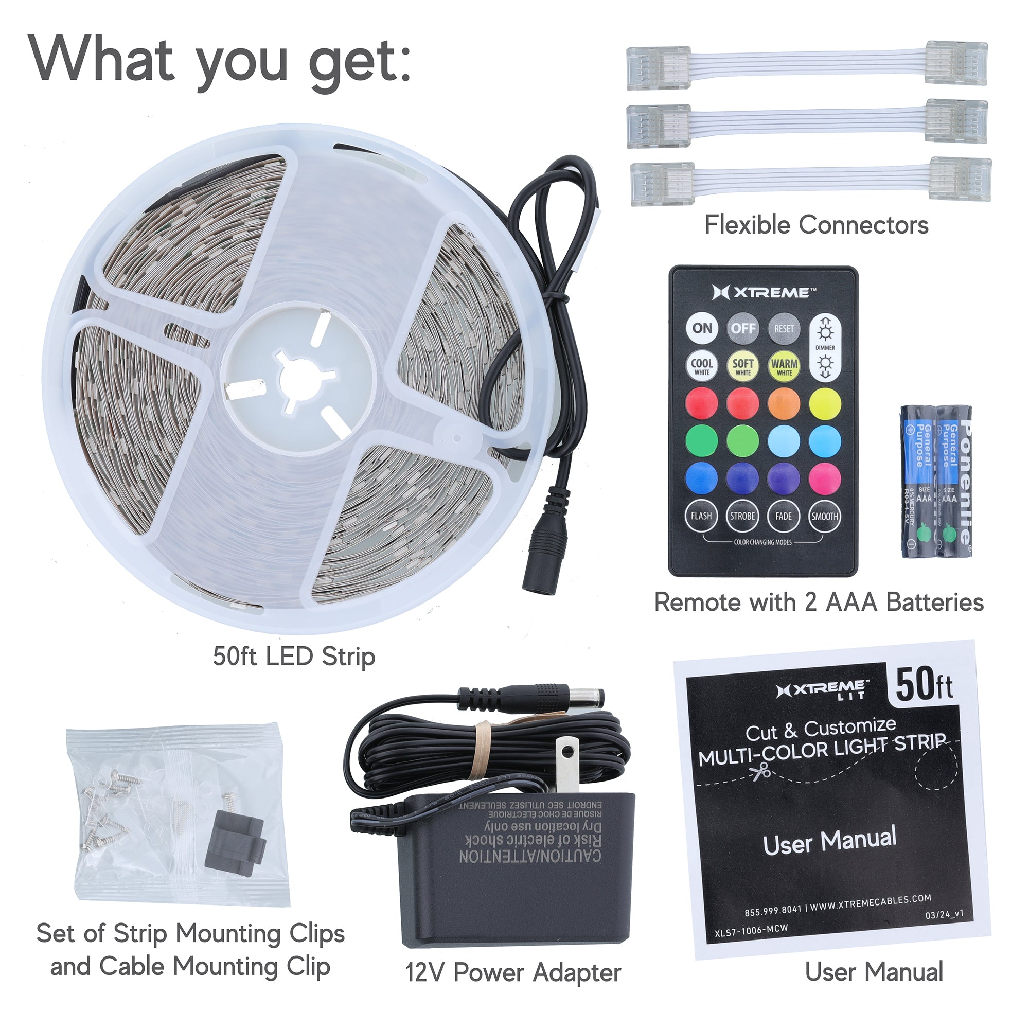 50ft Cut & Customize Indoor LED Light Strip Kit, Includes 3 Connectors