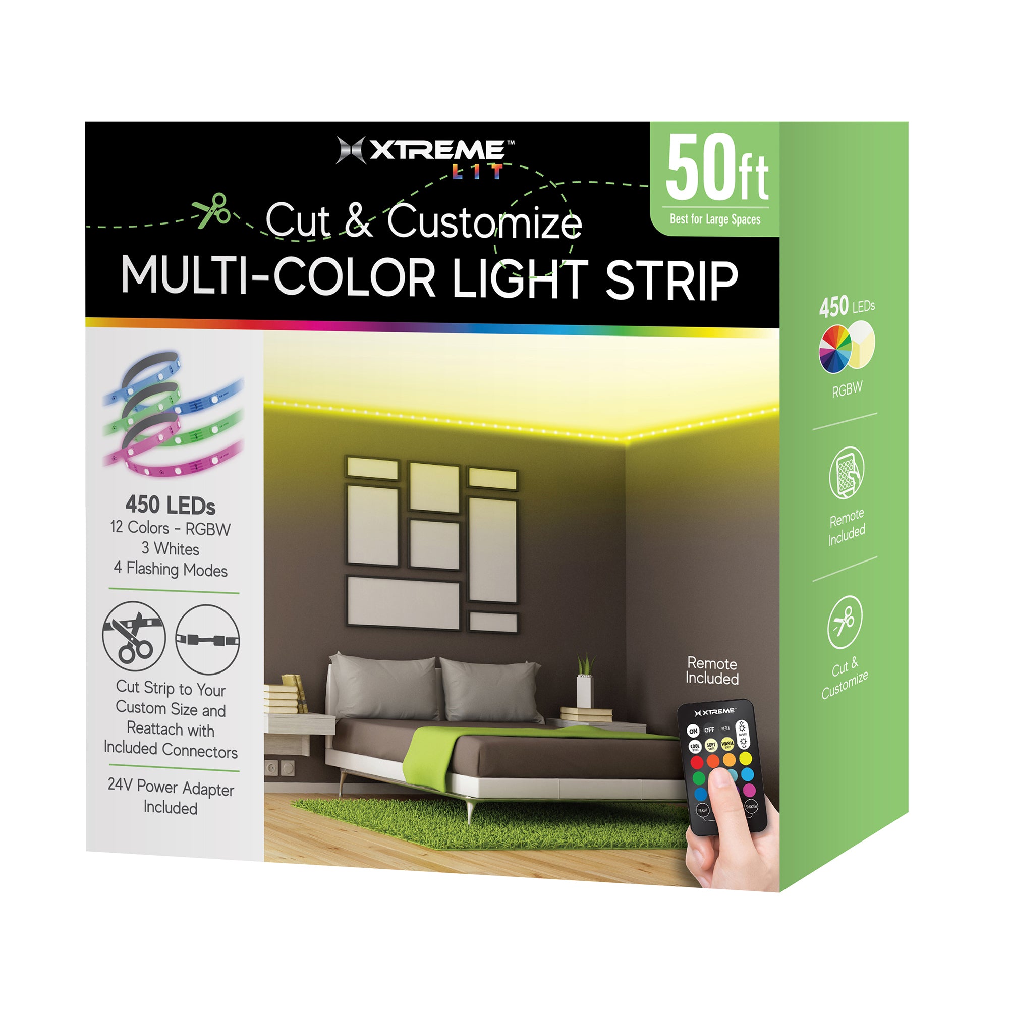 50ft Cut & Customize Indoor LED Light Strip Kit, Includes 3 Connectors