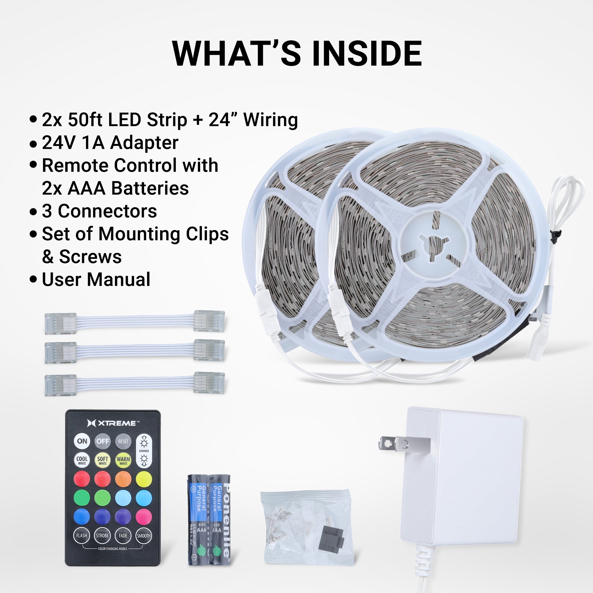 100ft Cut & Customize Indoor LED Light Strip Kit, Includes 3 Connectors