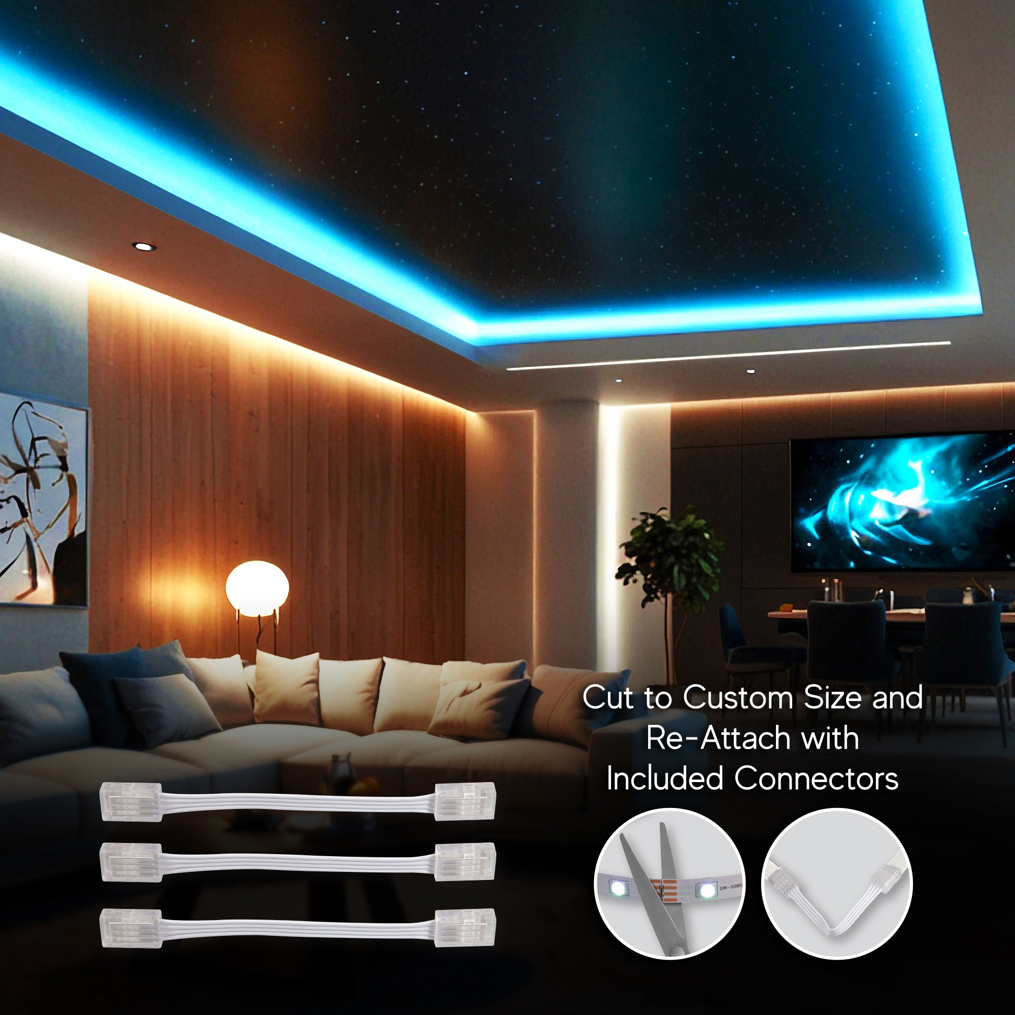 100ft Cut & Customize Indoor LED Light Strip Kit, Includes 3 Connectors