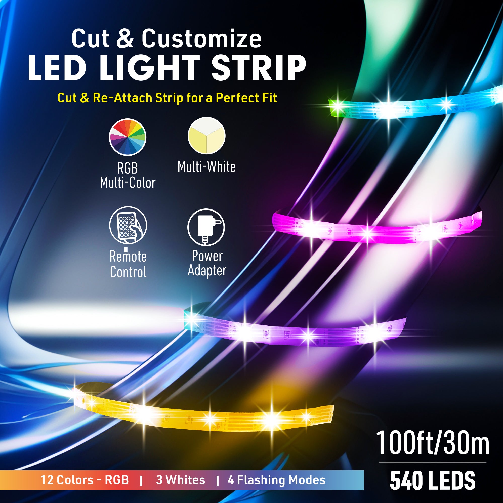 100ft Cut & Customize Indoor LED Light Strip Kit, Includes 3 Connectors