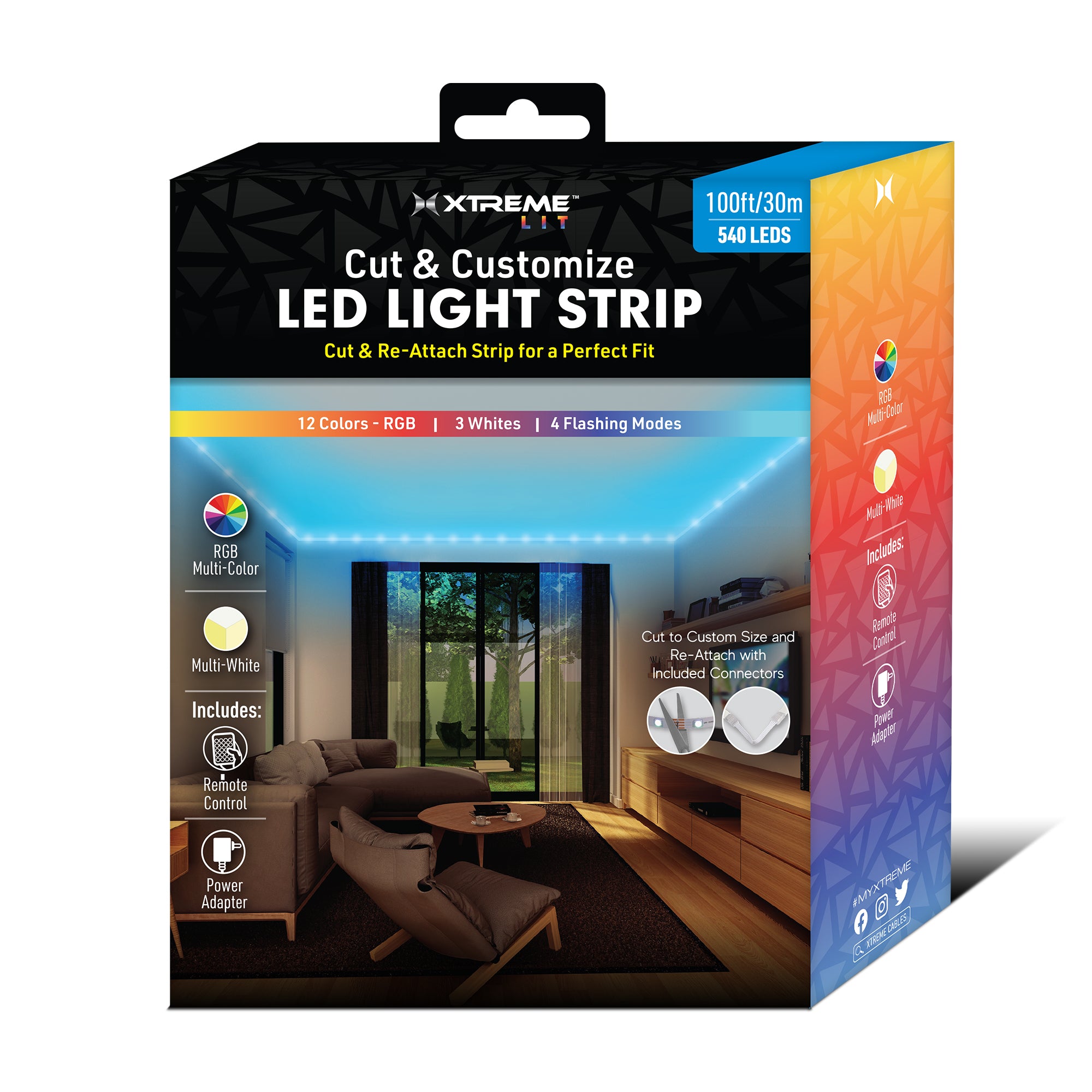 100ft Cut & Customize Indoor LED Light Strip Kit, Includes 3 Connectors