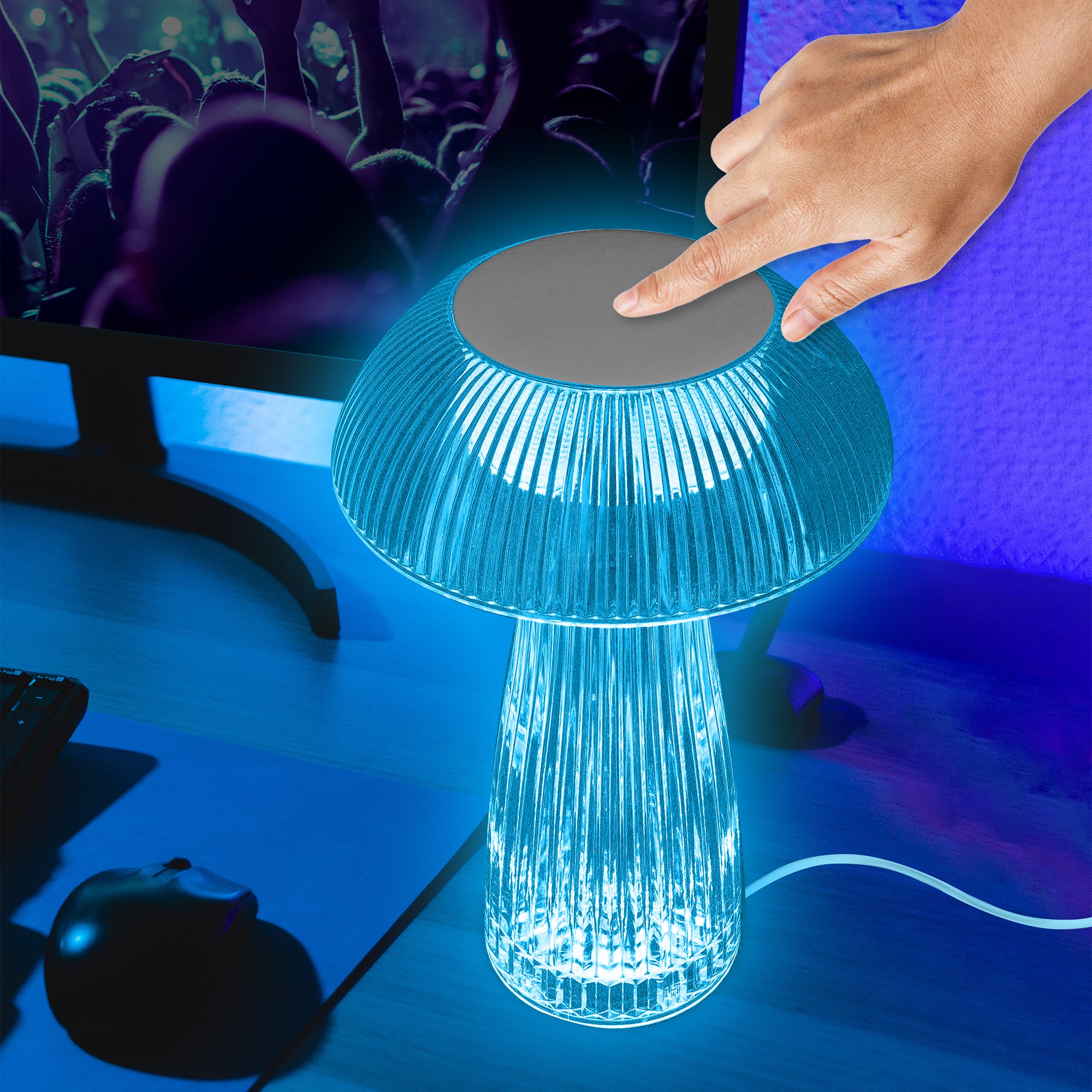 Neon Multi-Color Mushroom LED Tabletop Touch Lamp, with Remote, Crystal Finish
