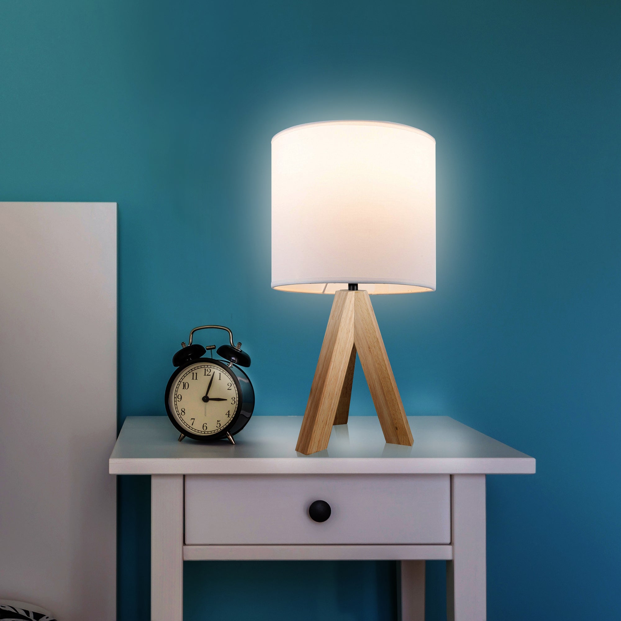 Tripod Oak Table Lamp with Classic White Fabric Shade, 16.75"H, One Size