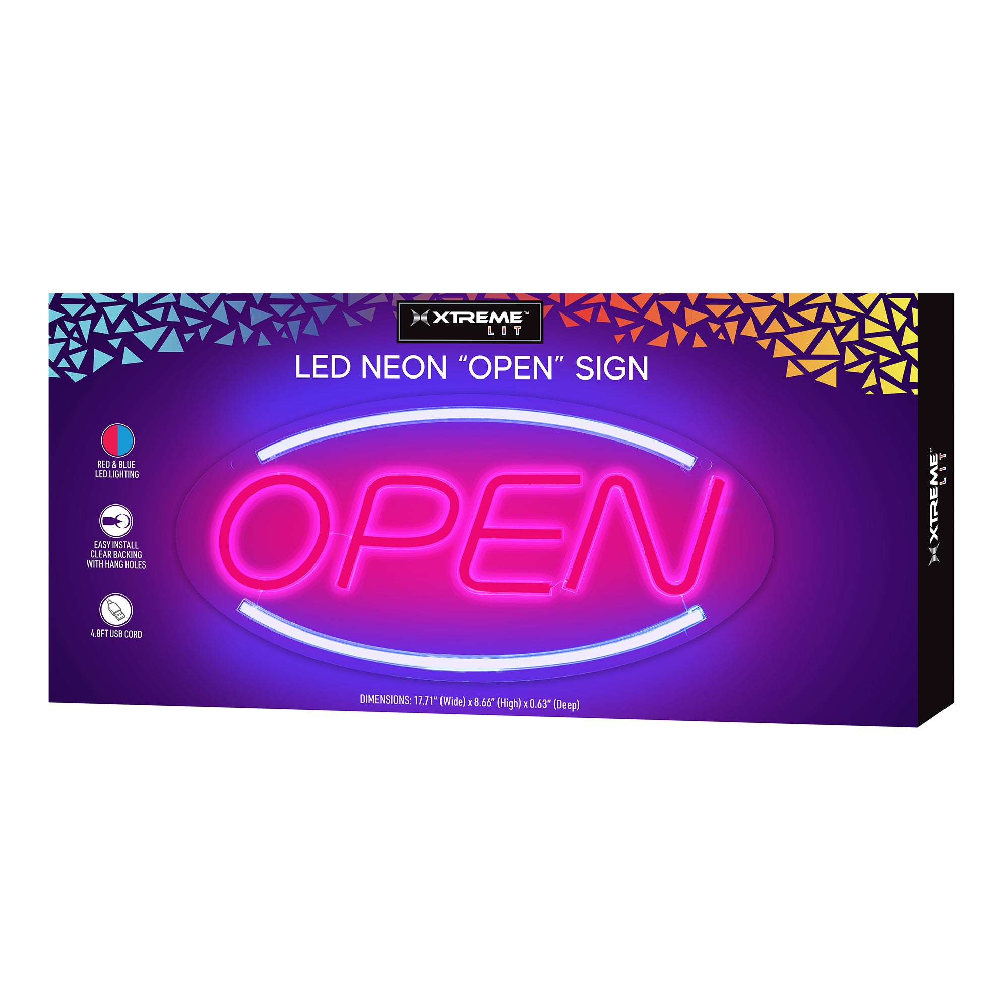 LED Neon "OPEN" Sign – Red & Blue Lights, USB Powered, Clear Backing, Wall Hanging Holes