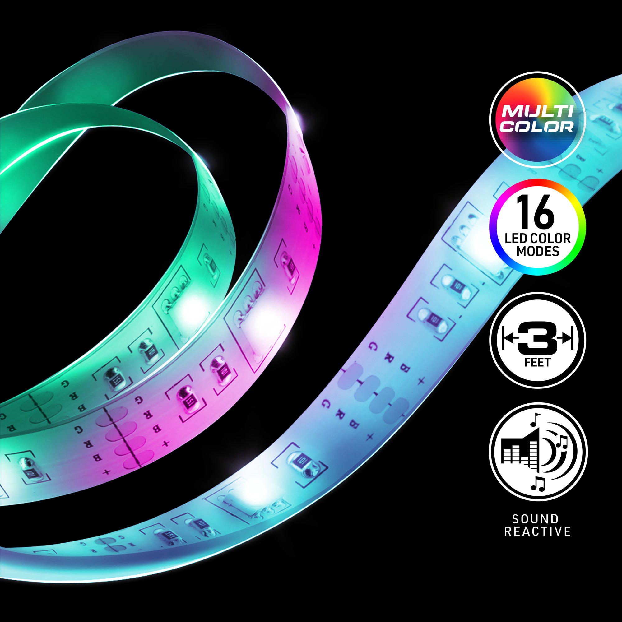 3 ft. Multi-Color LED Strip, 16 Unique Colors/4 Modes, Device Backlight For PC/HDTVs, Auto Interior