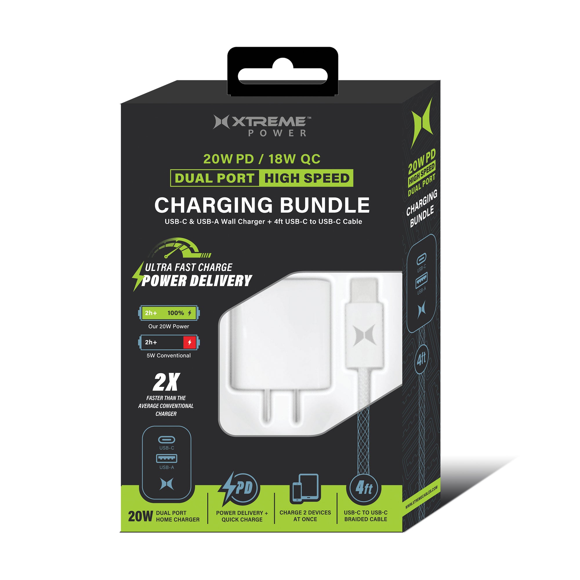 20W PD & 18W QC USB Wall Charger with 6-Foot 3-in-1 C-to-C Cable | Fast Sync and Charge Power Adapter and Cable Bundle for Smartphones and Tablets