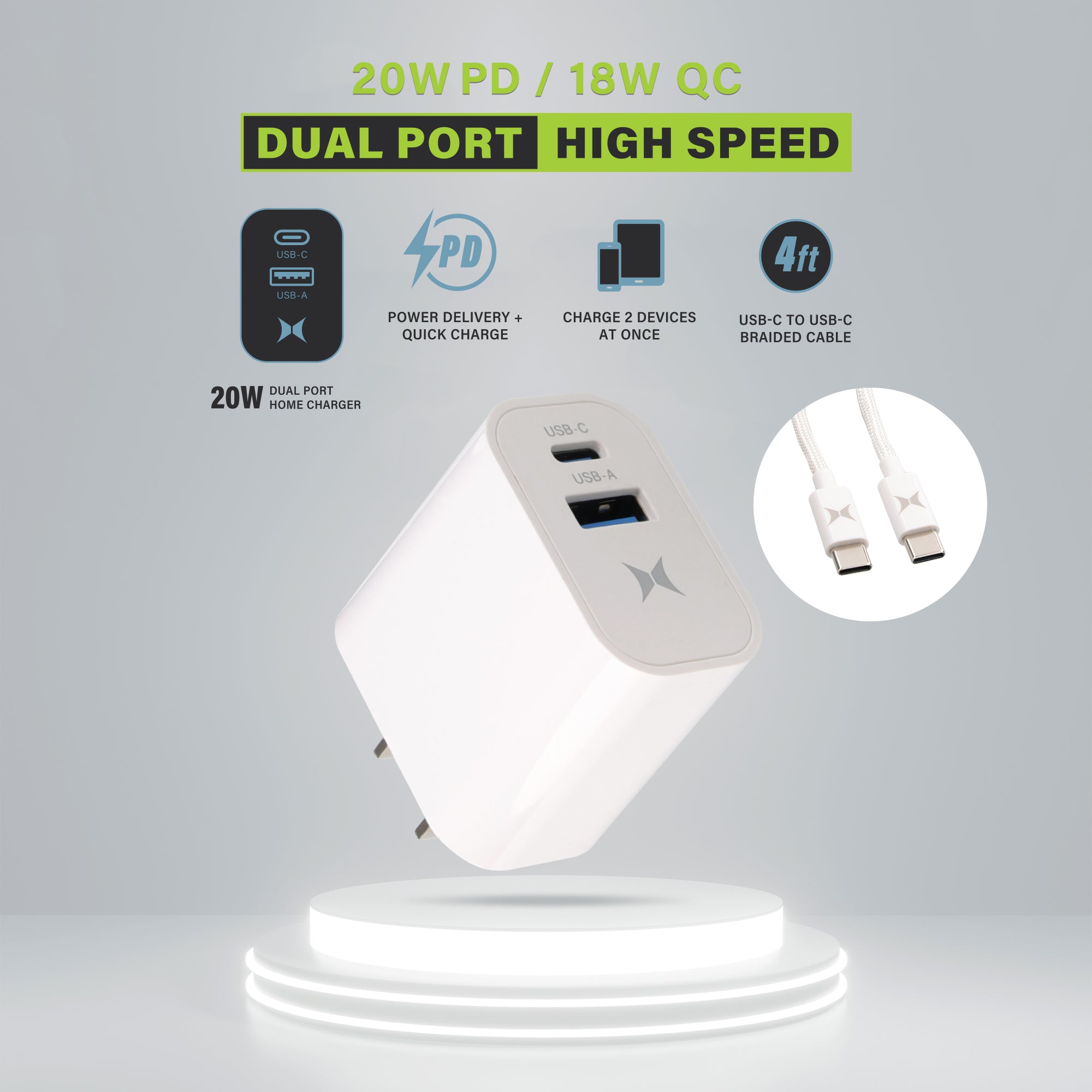 20W PD & 18W QC USB Wall Charger with 6-Foot 3-in-1 C-to-C Cable | Fast Sync and Charge Power Adapter and Cable Bundle for Smartphones and Tablets