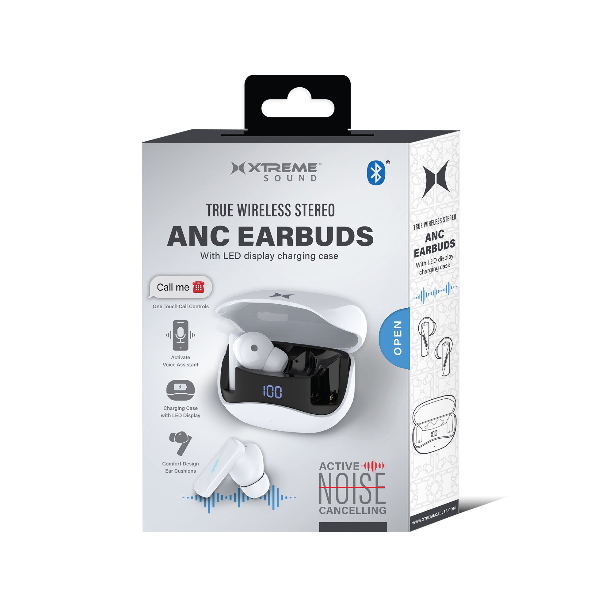 True Wireless Stereo Earbuds with Active Noise Cancelling, LED Display Charging Case, and Bluetooth for Voice Assistant Activation