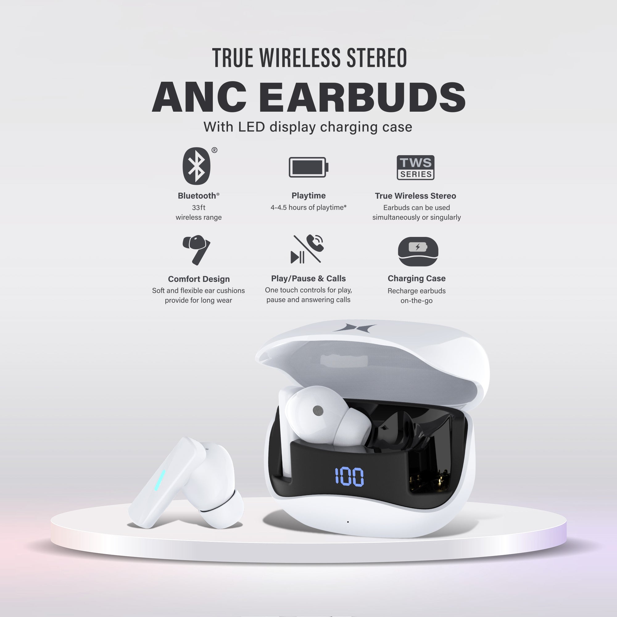 True Wireless Stereo Earbuds with Active Noise Cancelling, LED Display Charging Case, and Bluetooth for Voice Assistant Activation