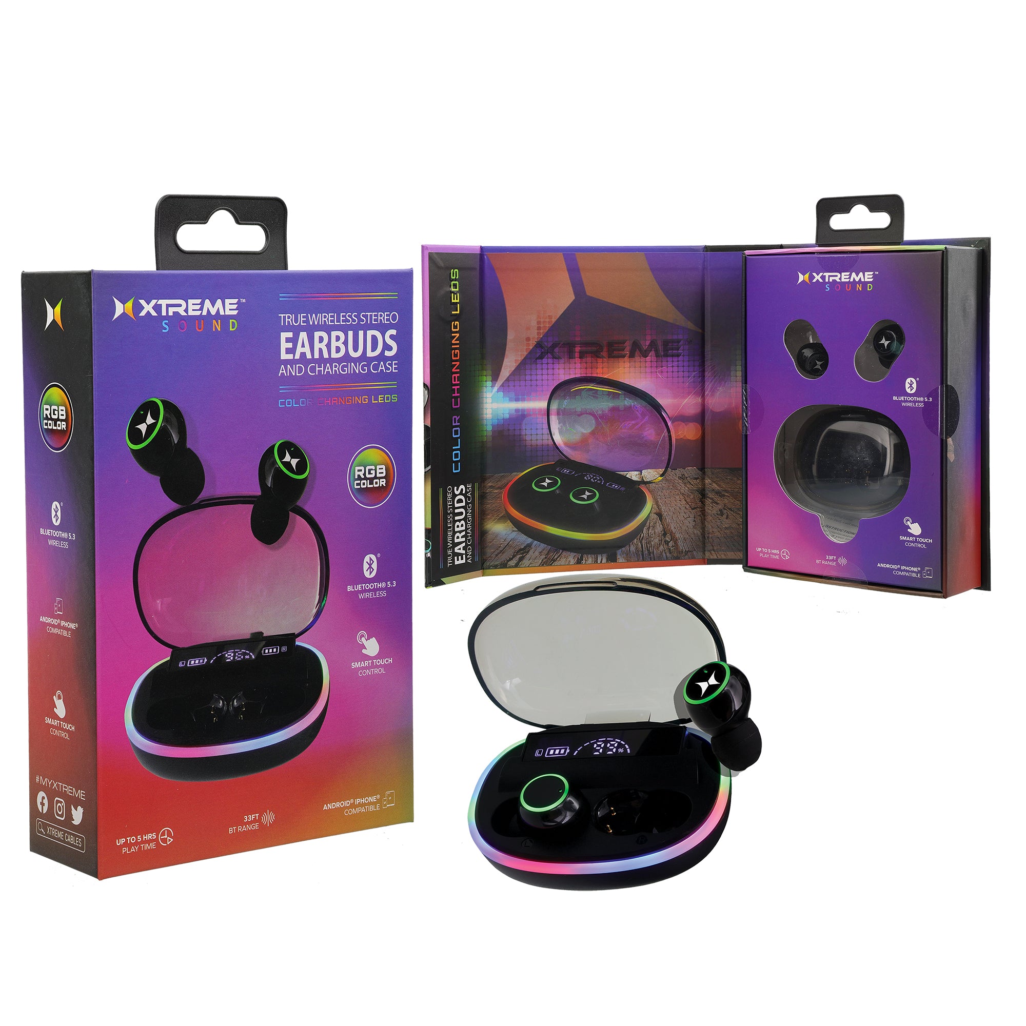 Sound True Wireless Stereo Earbuds with RGB Color Changing LEDs, Smart Touch Control, Bluetooth 5.3, and 15-Hour Playtime Charging Case