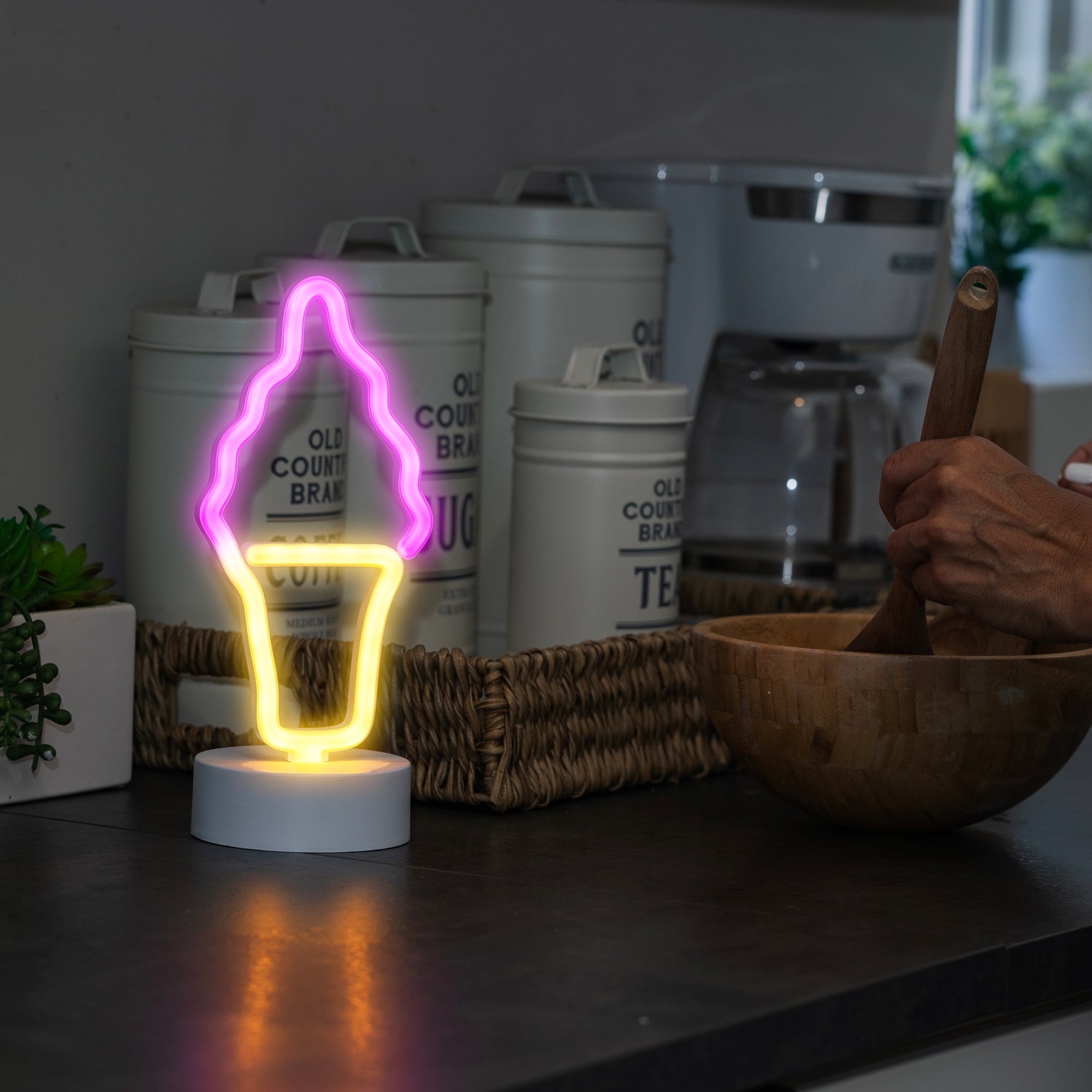 Ice Cream Neon Sign, Orange LED Ice Cream Tabletop Sign with Holder Base, Battery Powered, 4 Hour Timer
