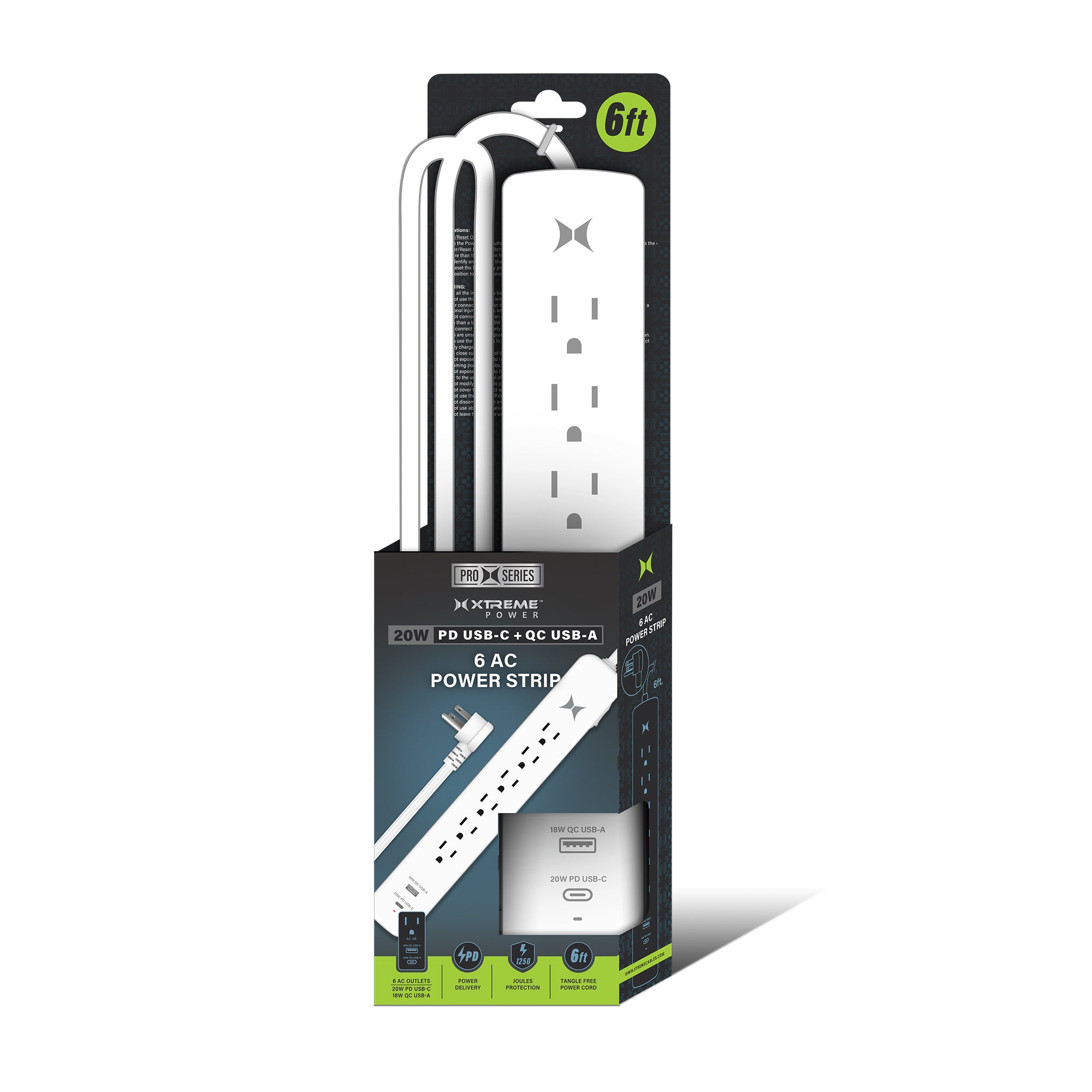 Xtreme Power Strip with 6 Outlets 20W USB-C & 18W USB-A Charging
