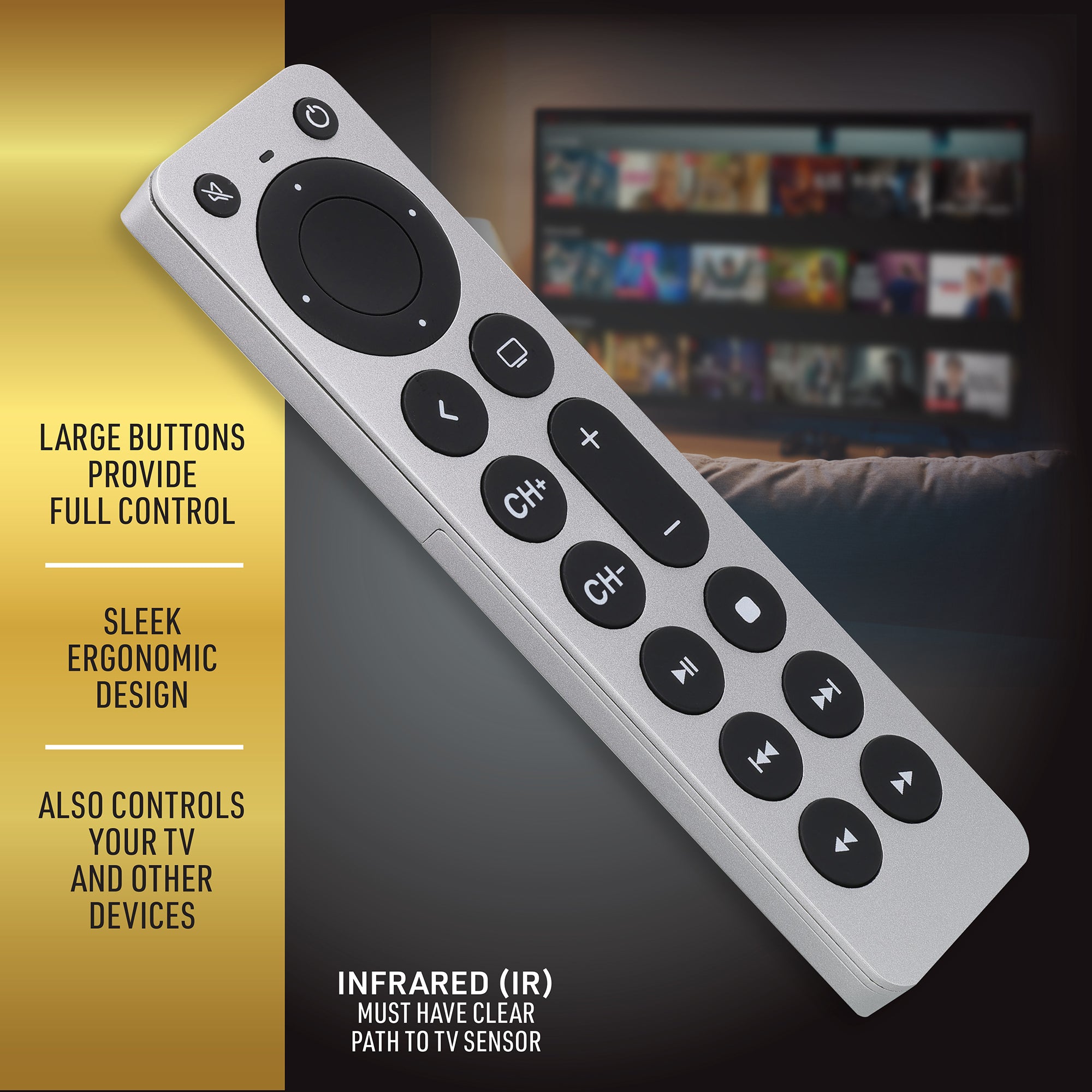 Universal Apple TV Remote Replacement for 1st-5th Generation, Controls TV & Apple TV, Large Buttons