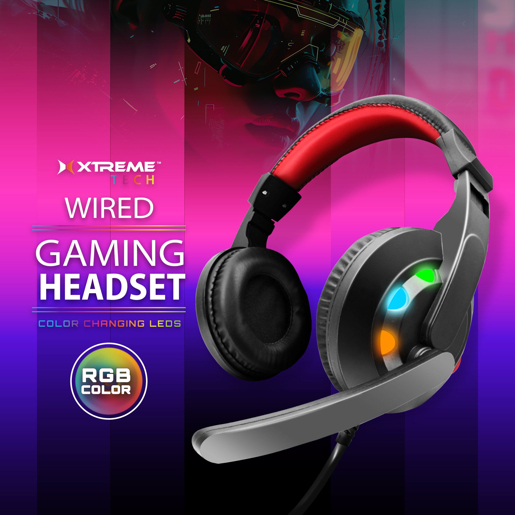 Gaming PC Headphones LED Lights, Wired Headset, Color Flow RGB Multicolor Effects