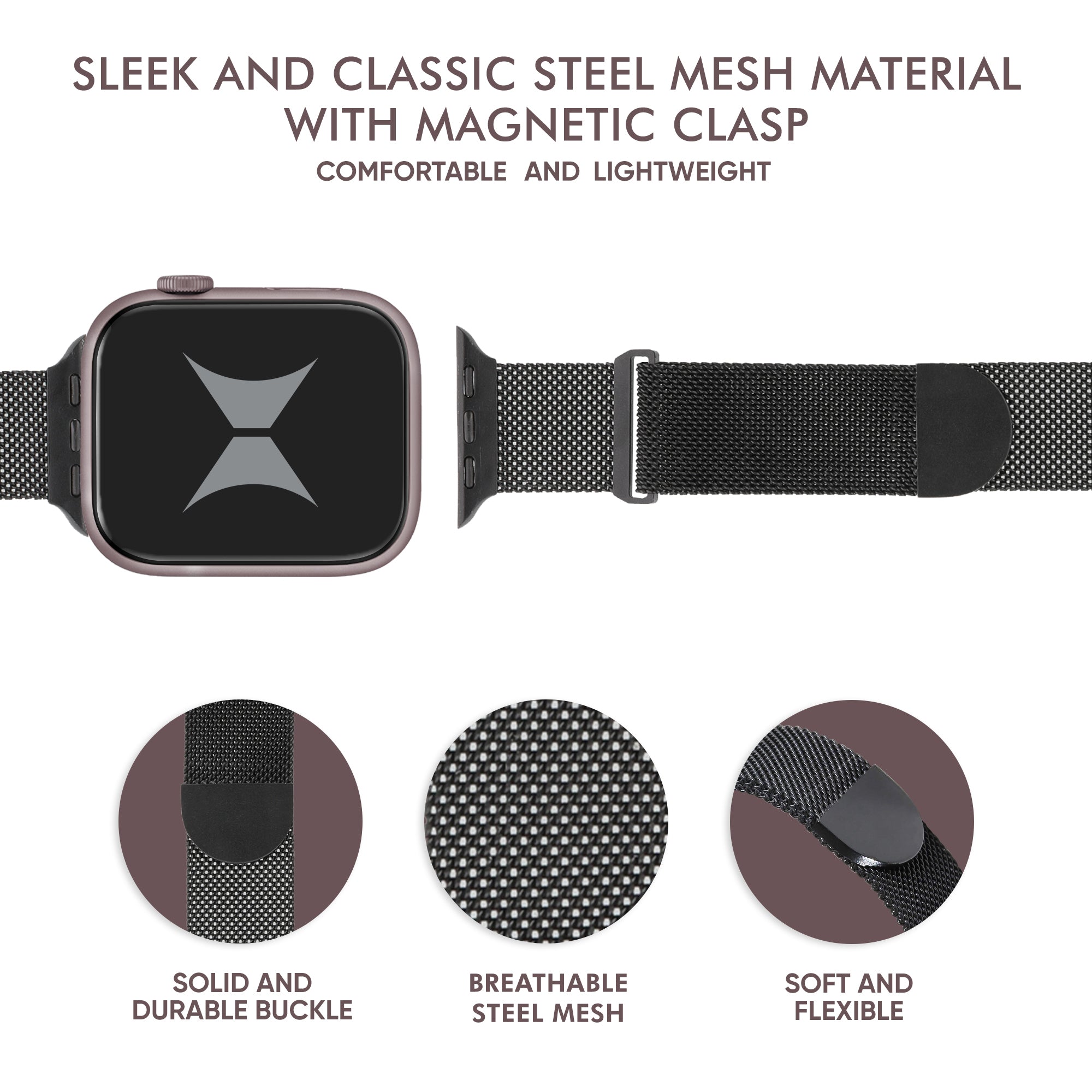 Premium Steel Mesh Apple Watch Band with Adjustable Magnetic Clasp, Black Finish, Universal Fit for all Large Series, Easy Installation