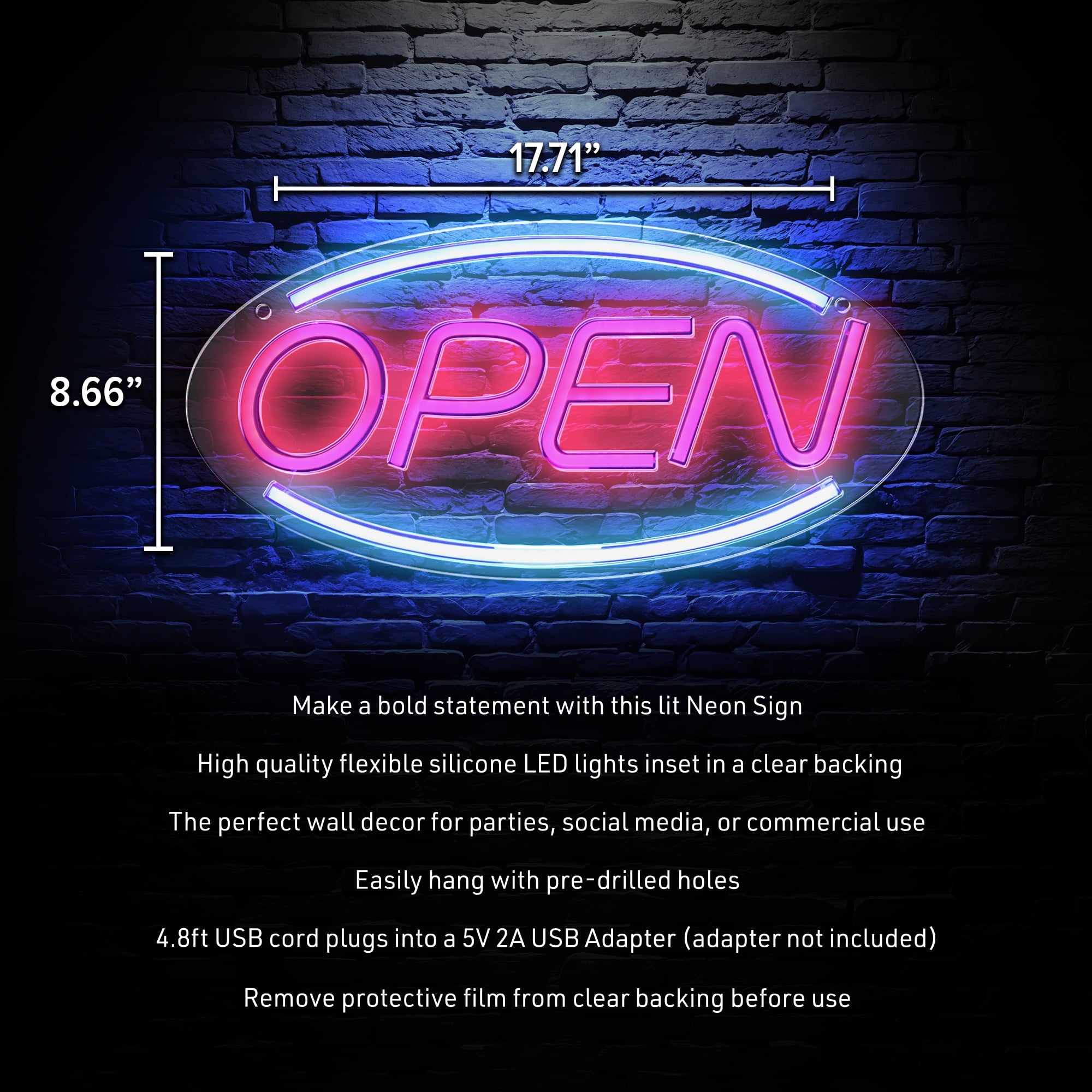 LED Neon "OPEN" Sign – Red & Blue Lights, USB Powered, Clear Backing, Wall Hanging Holes