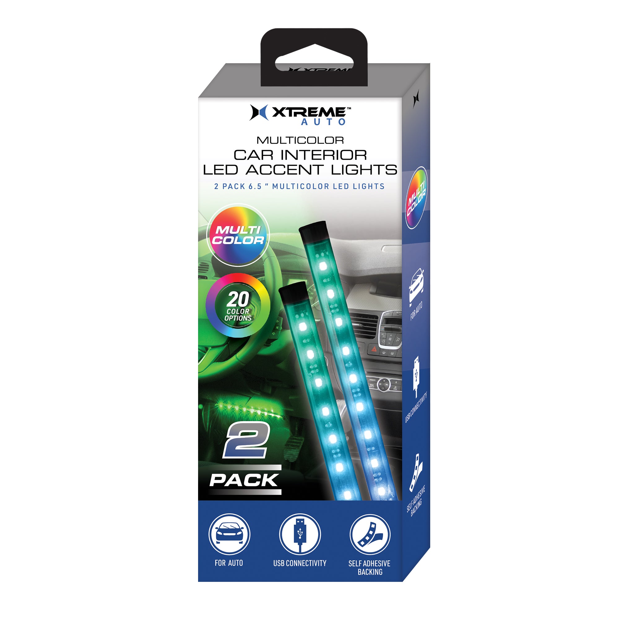 Auto Multicolor Car Interior LED Accent Lights, 2 Strip Customizable, USB-Powered