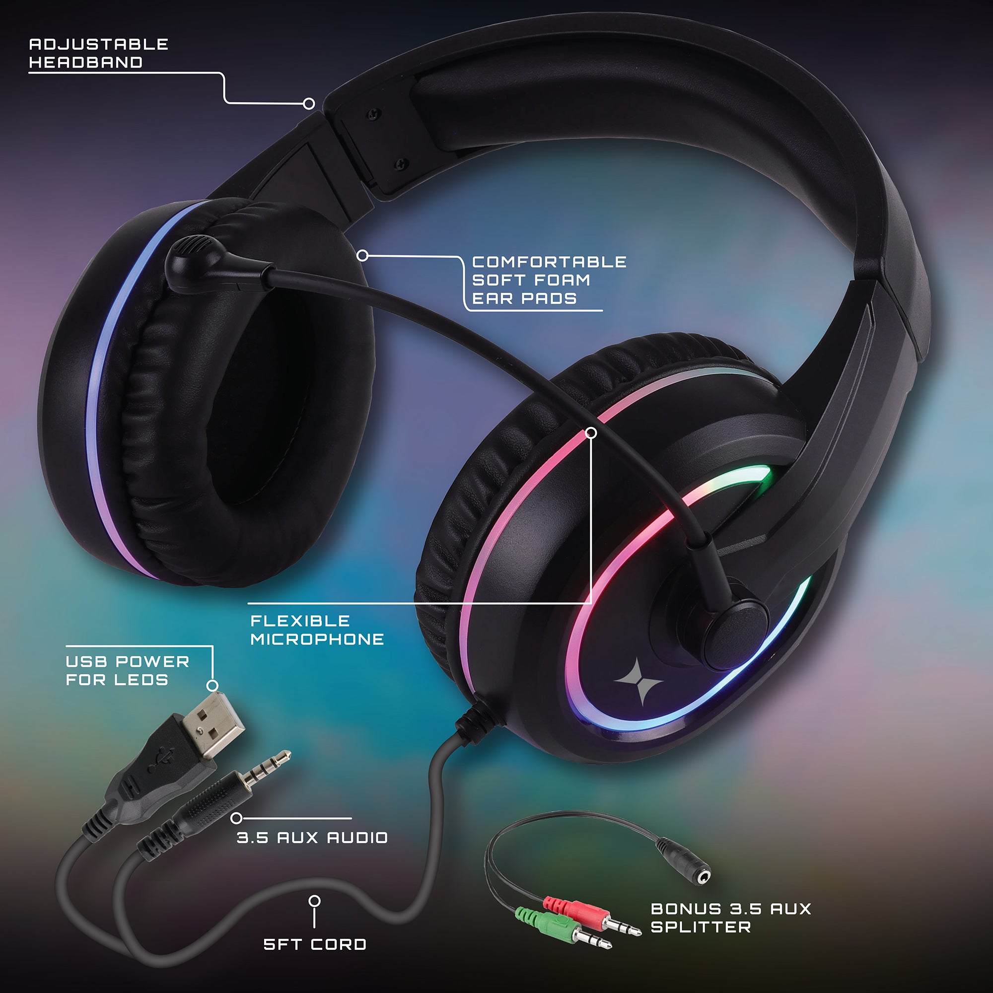 RGB LED Gaming Headset with High-Fidelity Sound, Adjustable Comfort Fit, and USB Power for PC, PS4, Xbox, and Nintendo Switch